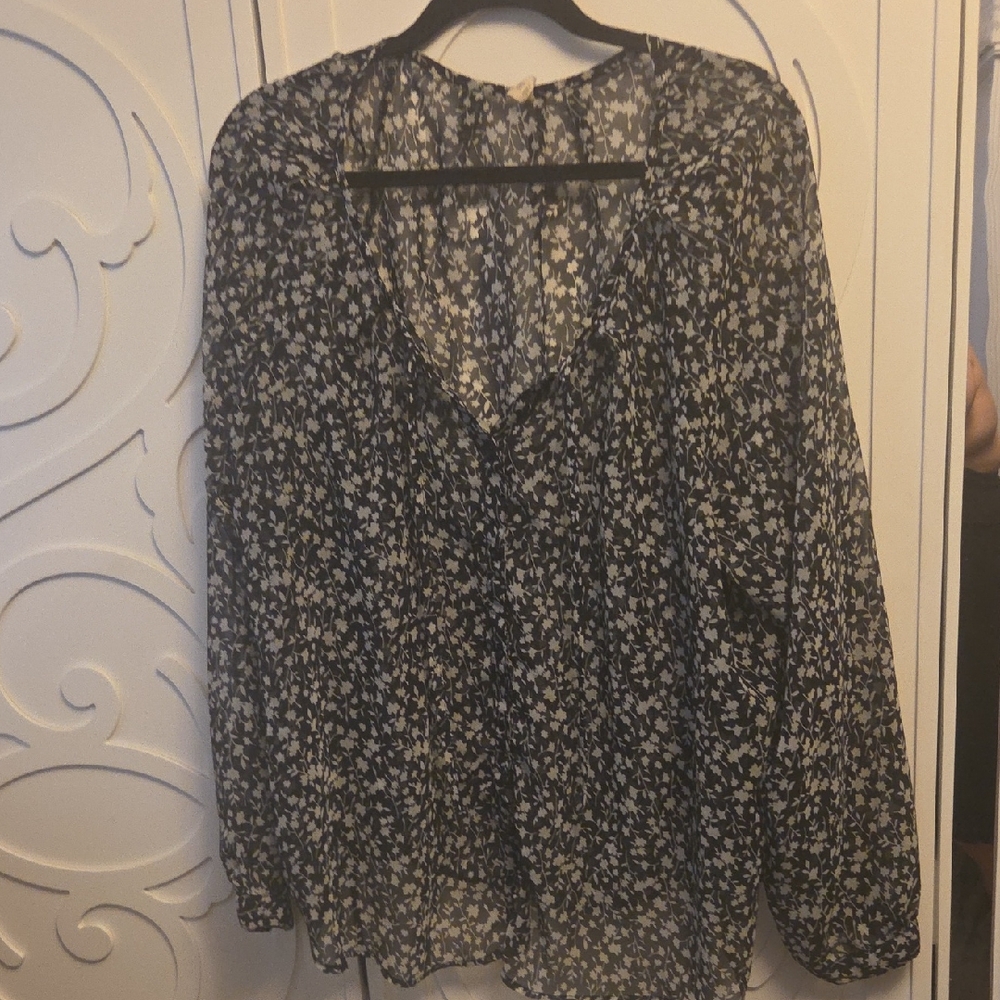 Sheer Floral V-Neck Long-Sleeve Blouse - Black/White - XXL - Picture 6 of 9